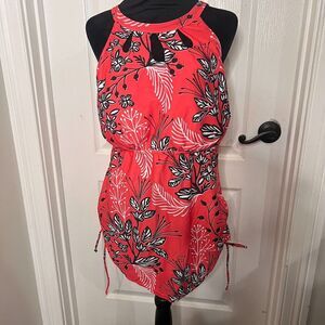 Aqua Eve Red Floral High Neck Swim Dress Cutout Blouson One Piece Swimsuit 18W